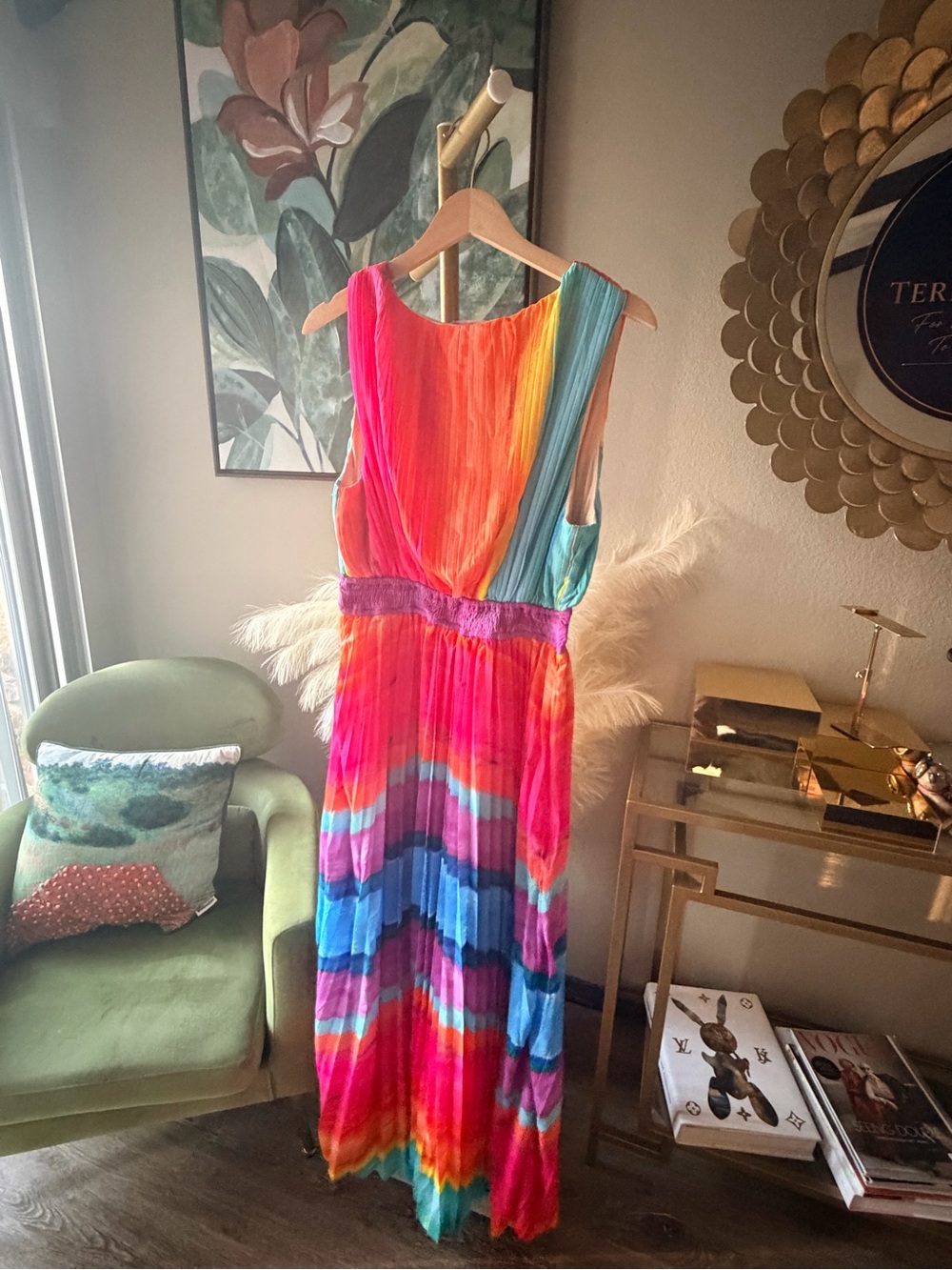 Flying Tomato Rainbow Pleated Maxi Dress Sleeveless V Neck Size L Colorful - Picture 4 of 10